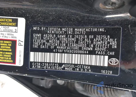 2012 Toyota Camry Se/Le/Xle from USA, damaged, VIN 4T1BF1FK6CU098644